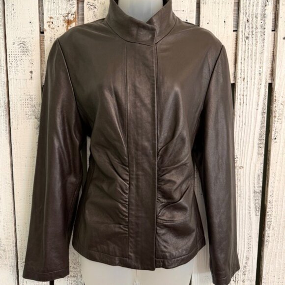 Y2K Industry Moto Buttery Leather Jacket Womens XL Chocolate Brown Ruched Front - Picture 4 of 14